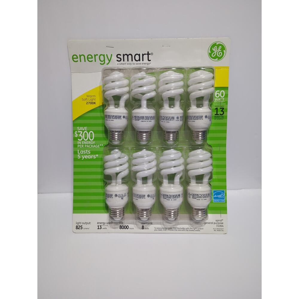 GE Energy Smart CFL Spiral GE 13 Watt Replaces 60 Watt Light Bulbs 8 Pack
